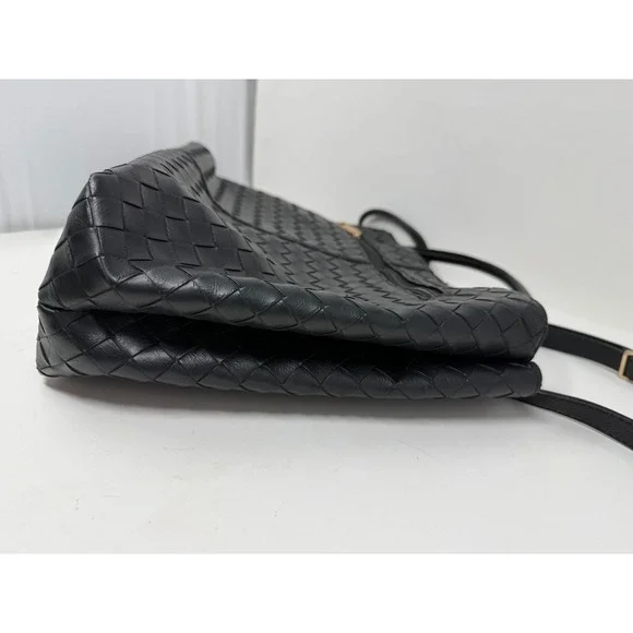 Black Woven Faux Leather Satchel Crossbody Handbag Gold Hardware - Picture 6 of 9